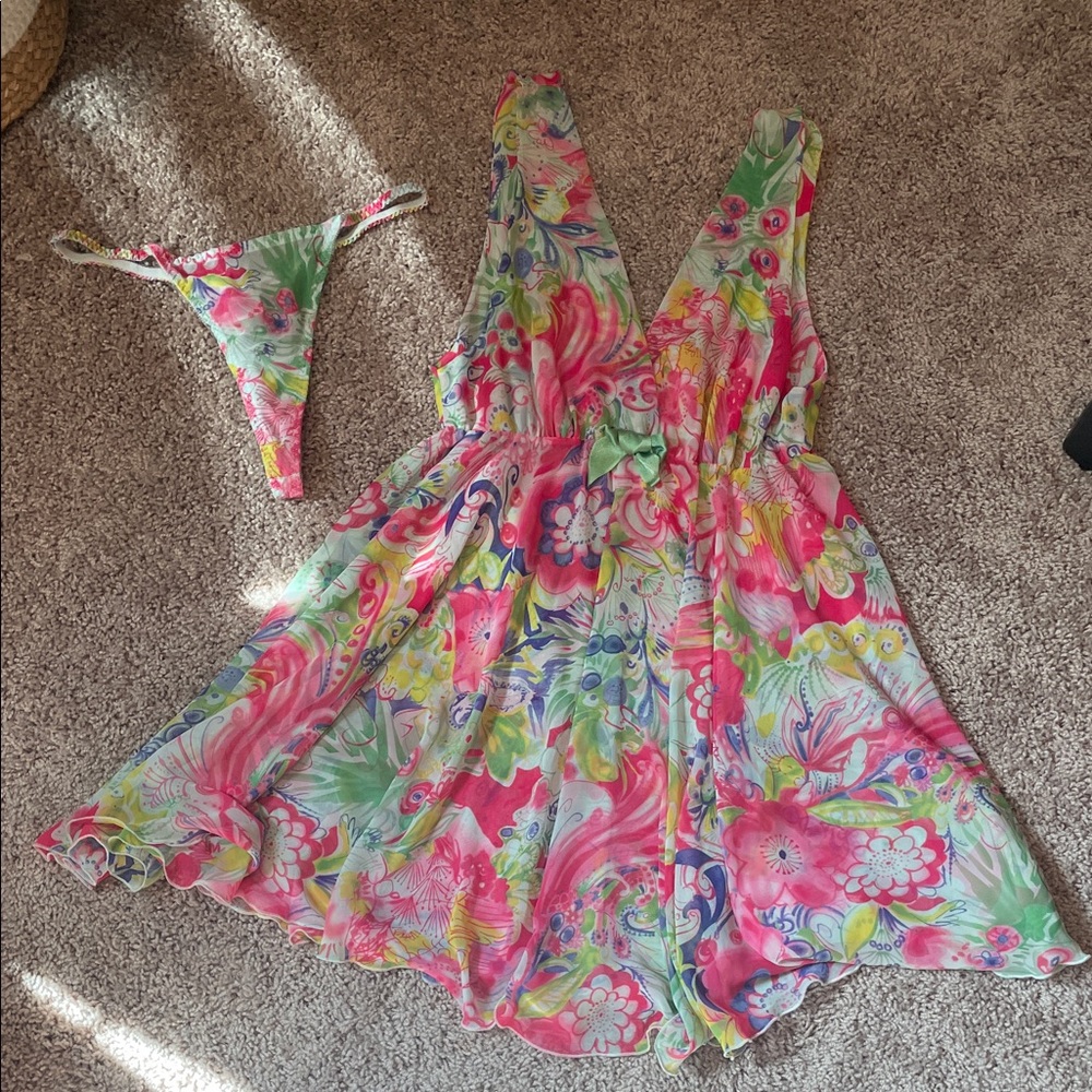 Cabernet Pink Green Floral Nighty Set